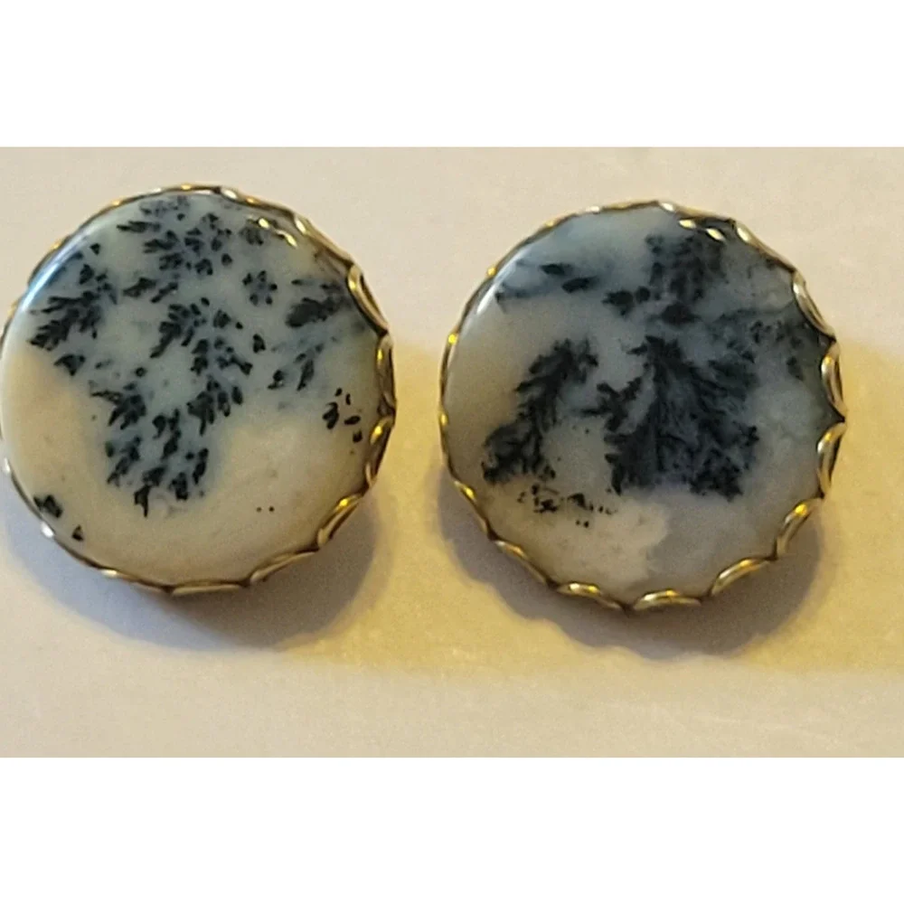 Vintage Estate Cabochon Clip-On Earrings Gold Tone Dendritic Round‎ Jewelry